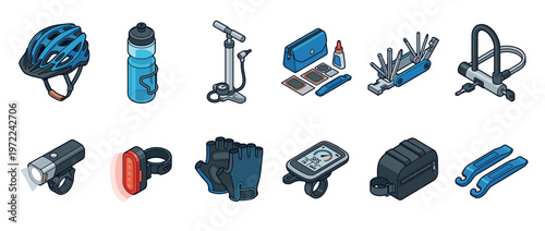 Essential bicycle accessories set including helmet, water bottle, pump, repair kit, lights, and lock for cyclists.