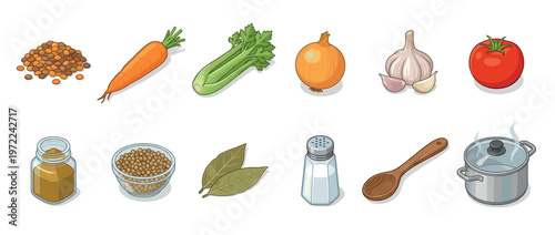 Soup ingredients and cooking tools illustration featuring fresh vegetables, legumes, spices, and kitchenware for a healthy meal preparation concept.