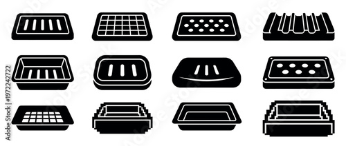 Trays and containers black silhouette icons set representing various designs for food, seedlings, or general storage purposes.