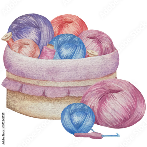 Hand drawn watercolor knitting and sewing elements set. A ball of yarn, crochet, thread, handcraft supplies, sewing, embroidering. Handmade and hobby supplies in blue, beige and pink colors. Vintage