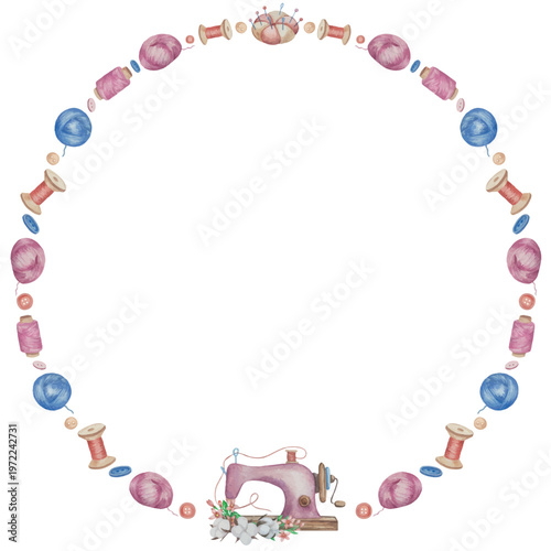 Hand drawn watercolor knitting and sewing elements set. A ball of yarn, crochet, thread, handcraft supplies, sewing, embroidering. Handmade and hobby supplies in blue, beige and pink colors. Vintage