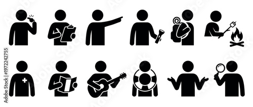 People icons engaged in various activities like sports, camping, music, and exploration, representing different hobbies and professions.