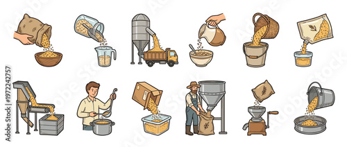 Grains and cereals processing, storage, and preparation stages shown in a collection of hand-drawn illustrations depicting various methods of handling seeds.