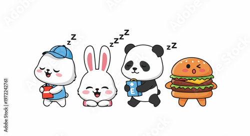 Adorable Cartoon Characters Sleeping Peacefully in a Row, Dreaming Sweet Dreams.