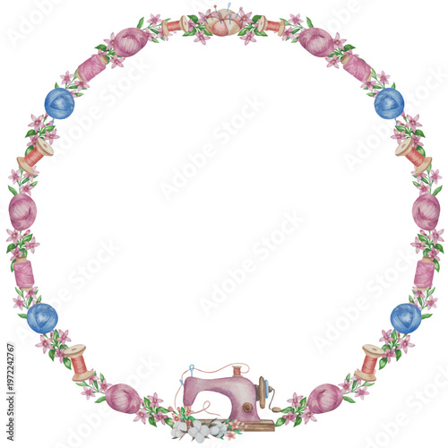 Hand drawn watercolor knitting and sewing elements set. A ball of yarn, crochet, thread, handcraft supplies, sewing, embroidering. Handmade and hobby supplies in blue, beige and pink colors. Vintage