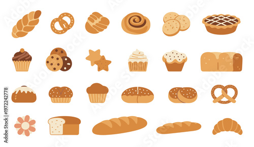 Cute Bakery Icons Set with Bread Pastries and Desserts Illustration Collection