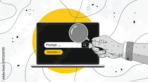 Hand holding a magnifying glass over a laptop screen with a prompt input field and generate button