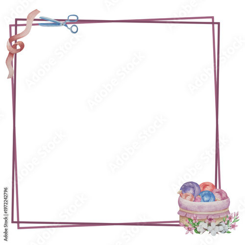 Hand drawn watercolor knitting and sewing elements set. A ball of yarn, crochet, thread, handcraft supplies, sewing, embroidering. Handmade and hobby supplies in blue, beige and pink colors. Vintage