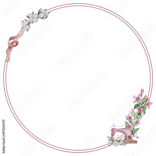 Hand drawn watercolor knitting and sewing elements set. A ball of yarn, crochet, thread, handcraft supplies, sewing, embroidering. Handmade and hobby supplies in blue, beige and pink colors. Vintage