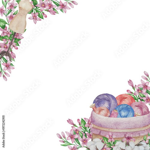 Hand drawn watercolor knitting and sewing elements set. A ball of yarn, crochet, thread, handcraft supplies, sewing, embroidering. Handmade and hobby supplies in blue, beige and pink colors. Vintage