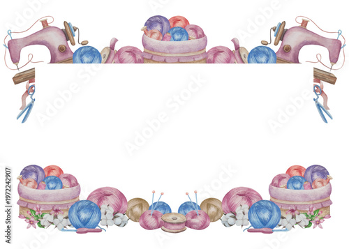 Hand drawn watercolor knitting and sewing elements set. A ball of yarn, crochet, thread, handcraft supplies, sewing, embroidering. Handmade and hobby supplies in blue, beige and pink colors. Vintage