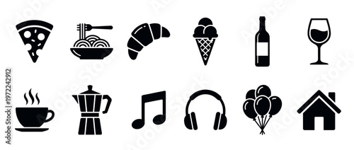 Set of essential black glyph icons featuring common objects like food, beverages, entertainment, and housing for various designs.