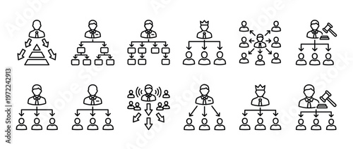 Organizational structure icons illustrating business management, team hierarchy, leadership roles, and communication flow within a company.