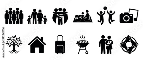 Family community lifestyle icons collection depicting various people groups, activities, and elements related to home, travel, and nature.