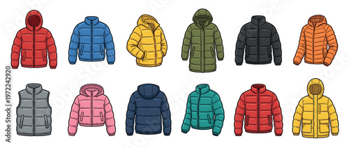 Vibrant collection of insulated puffer jackets, vests, and winter coats in a variety of styles and hues for cold weather apparel.