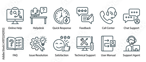 Collection of customer service and technical support line icons, illustrating various aspects of online assistance, feedback, and issue resolution.