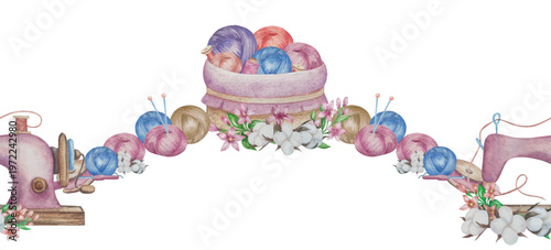 Hand drawn watercolor knitting and sewing elements set. A ball of yarn, crochet, thread, handcraft supplies, sewing, embroidering. Handmade and hobby supplies in blue, beige and pink colors. Vintage