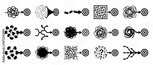 Problem-solving concepts showing various paths from complexity to clarity and achieving a specific business goal or objective.
