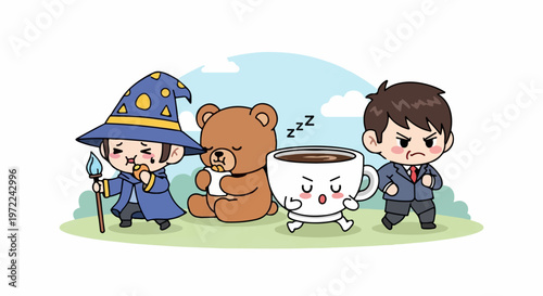 Adorable Cartoon Characters with Coffee Cup and Teddy Bear on Green Grass.