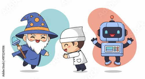 Adorable Cartoon Characters - Wizard, Scientist, and Robot in Playful Poses.