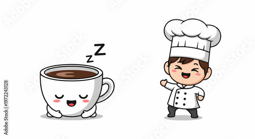 Adorable cartoon chef and a sleeping coffee cup, perfect for culinary concepts.
