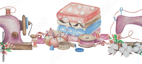 Hand drawn watercolor knitting and sewing elements set. A ball of yarn, crochet, thread, handcraft supplies, sewing, embroidering. Handmade and hobby supplies in blue, beige and pink colors. Vintage