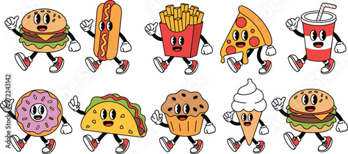 Cartoon food characters in a retro style, walking and dancing on a white background vintage