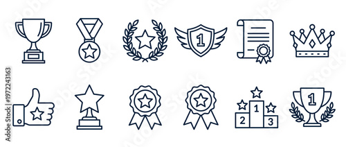 Collection of outline icons representing awards, trophies, medals, and achievements for success, victory, and recognition in various competitions.