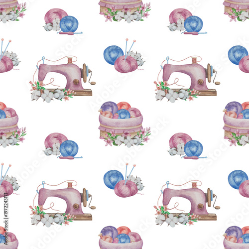 Hand drawn watercolor knitting and sewing elements set. A ball of yarn, crochet, thread, handcraft supplies, sewing, embroidering. Handmade and hobby supplies in blue, beige and pink colors. Vintage