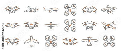 Drone and airplane icons set in a hand-drawn doodle style, featuring various unmanned aerial vehicles and small aircraft designs for aviation concepts.