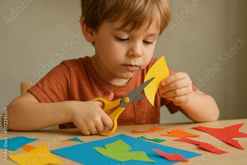 Focused Child Engaged in Paper Cutting Craft