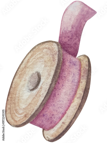 Hand drawn watercolor knitting and sewing elements set. A ball of yarn, crochet, thread, handcraft supplies, sewing, embroidering. Handmade and hobby supplies in blue, beige and pink colors. Vintage