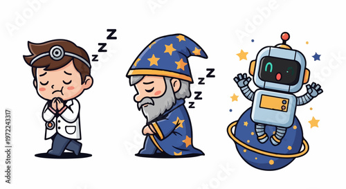 Adorable Cartoon Doctor, Wizard, and Robot Sleeping Peacefully on White Background.