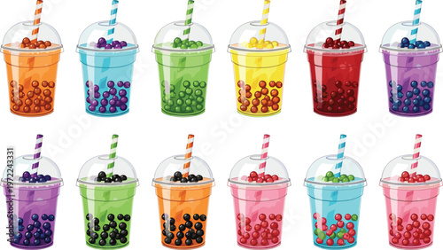 Colorful bubble tea drinks collection with tapioca pearls in plastic cups and straws vibrant beverage illustration set for cafe menu design