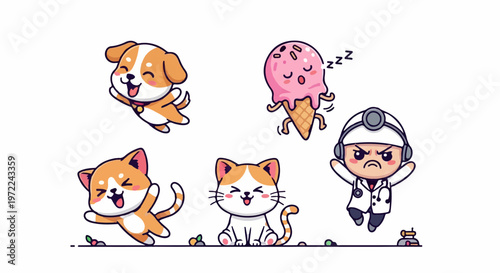 Adorable Cartoon Dog and Cat Characters Smiling and Playing Happily.