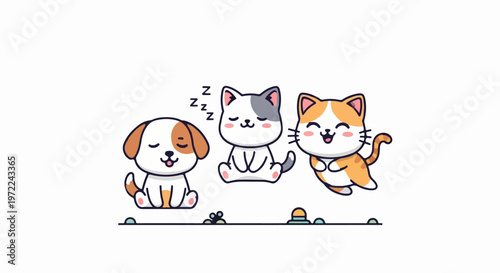 Adorable Cartoon Dog and Two Cats Smiling Happily Together.