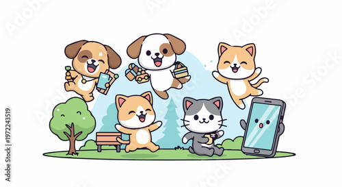 Adorable Cartoon Dogs and Cats Playing Happily with a Smartphone.