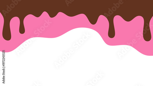 Sweet melting chocolate and pink strawberry icing glaze background. Melted syrup or dripping liquid sauce. Minimalist sweet chocolate and strawberry pink background. Minimalist wavy background.