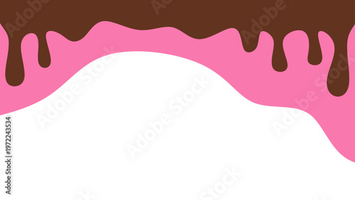Sweet melting chocolate and pink strawberry icing glaze background. Melted syrup or dripping liquid sauce. Minimalist sweet chocolate and strawberry pink background. Minimalist wavy background.