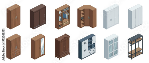Isometric collection of various modern and classic wardrobes, closets, and storage cabinets for bedroom and home interior design.