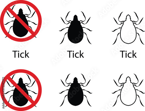 Tick icon set collection group, mite, parasite, arachnid symbols, pest control warning and clean icons, black flat and line style vector illustration for hygiene, infestation, medical safety design