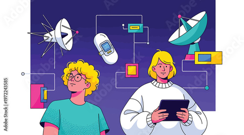 Illustration of young people using digital technology and satellite communication systems