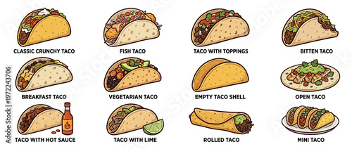 Diverse collection of delicious tacos, featuring classic crunchy, fish, breakfast, vegetarian, and mini varieties, illustrated in a vibrant cartoon style.