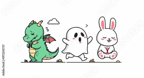 Adorable Cartoon Dragon, Ghost, and Rabbit Characters in a Row.