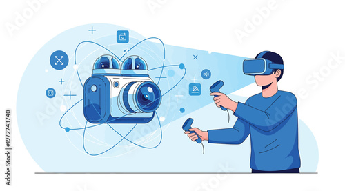 Virtual reality concept with a person wearing a vr headset and using controllers to interact with a 360degree camera system