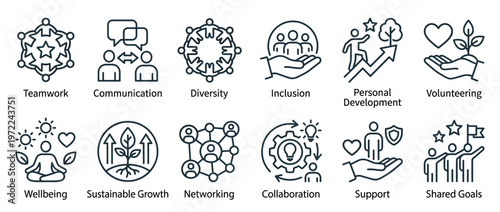 Collection of outline icons representing business, social, and personal development concepts such as teamwork, communication, diversity, inclusion, and collaboration.