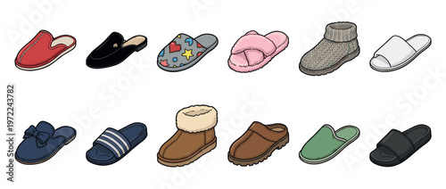 Collection of various comfortable slippers and house shoes for indoor wear, including mules, slides, and booties, in different colors and styles.