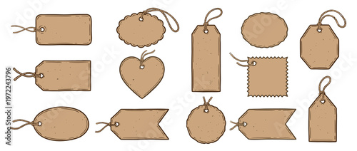 Collection of various hand-drawn kraft paper tags with string, perfect for gifts, sales, or product labeling in a vintage style.