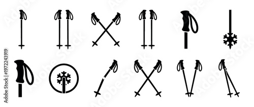 Collection of ski poles and snowflake icons in various configurations, representing winter sports equipment and cold weather symbols.