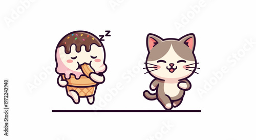Adorable cartoon ice cream cone character sleeping peacefully and happy cat running.